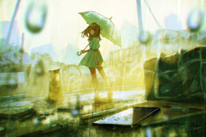 anime girl with umbrella in rain 4k 1696320579