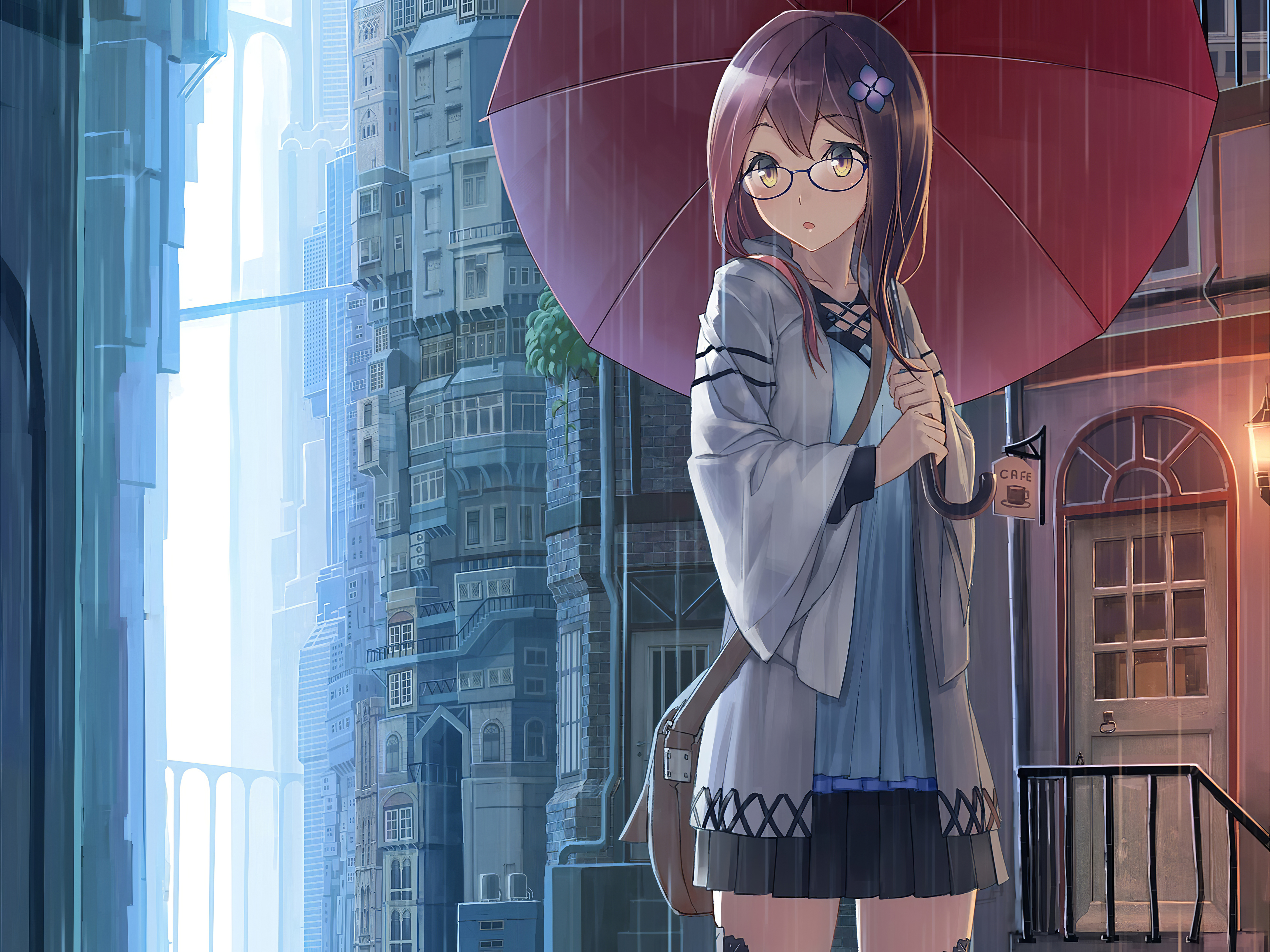 anime girl yellow eyes rain umbrella 1696778082