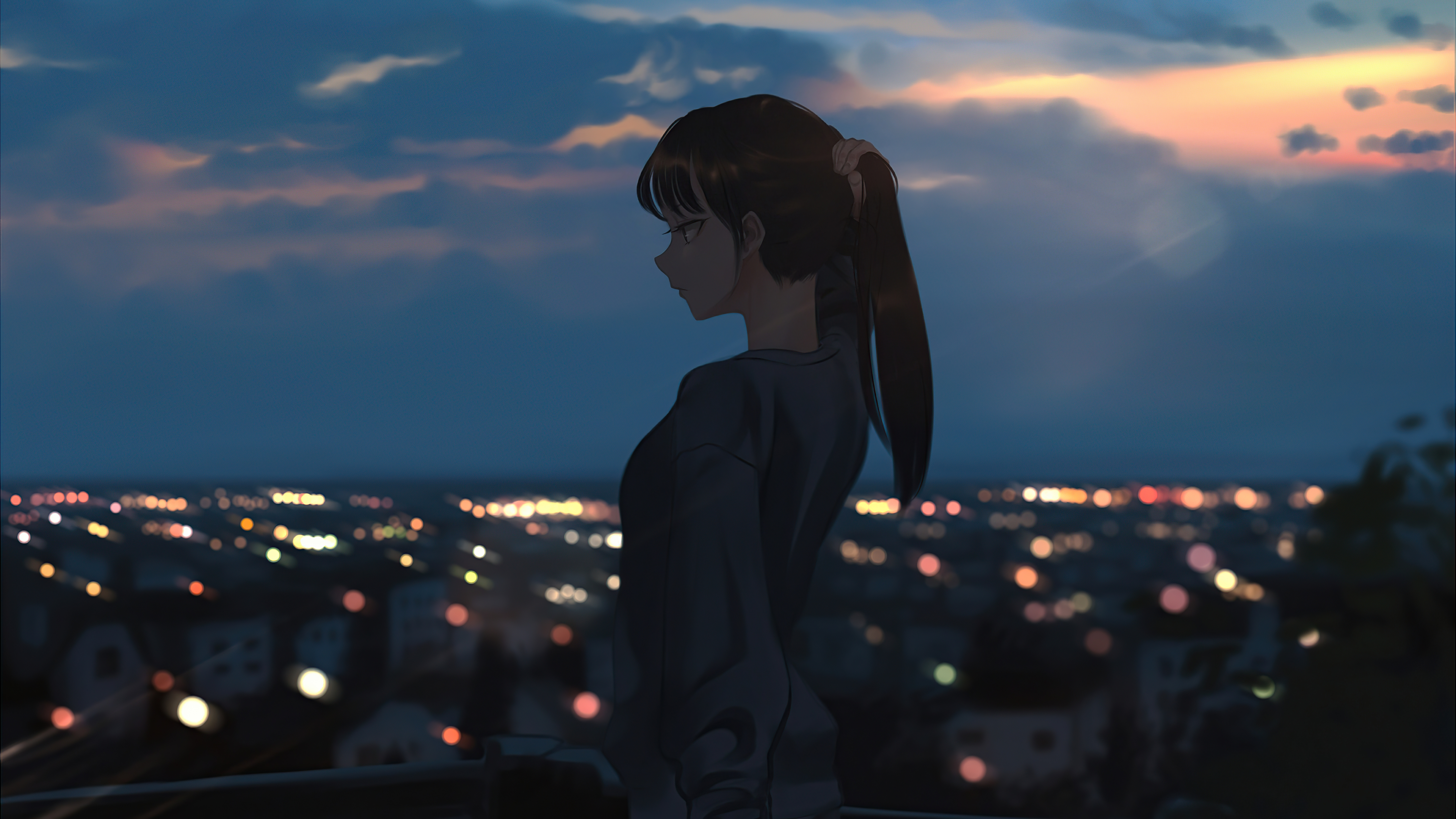 anime girls cityscape brunette tying pony tail 4k 1696346192