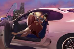 anime girls sitting in car 1696976526