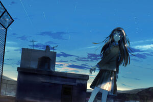 anime original girl rooftop evening time 1696239308