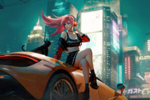 cyberpunk anime girl with mclaren and cat 1696363591