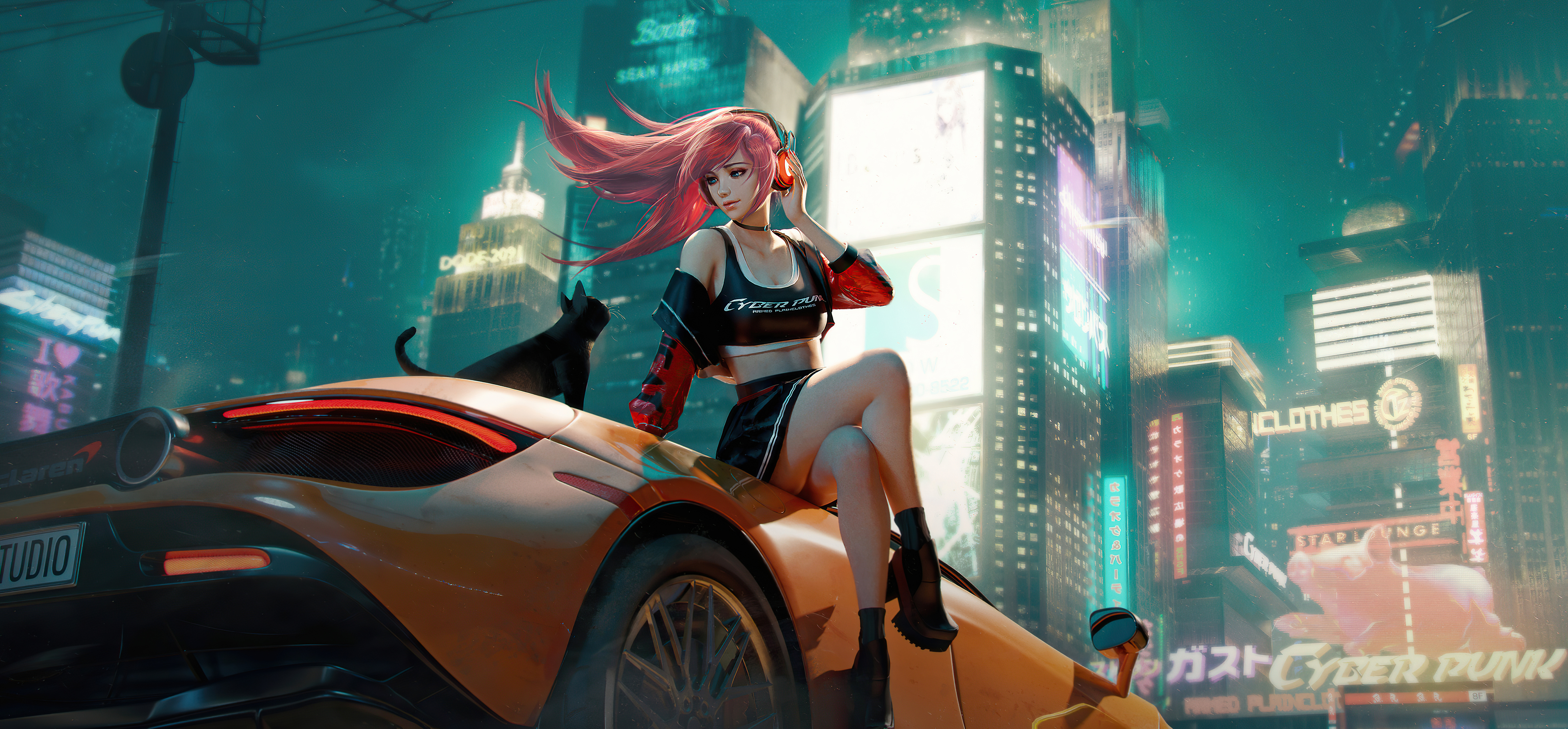 cyberpunk anime girl with mclaren and cat 1696363591