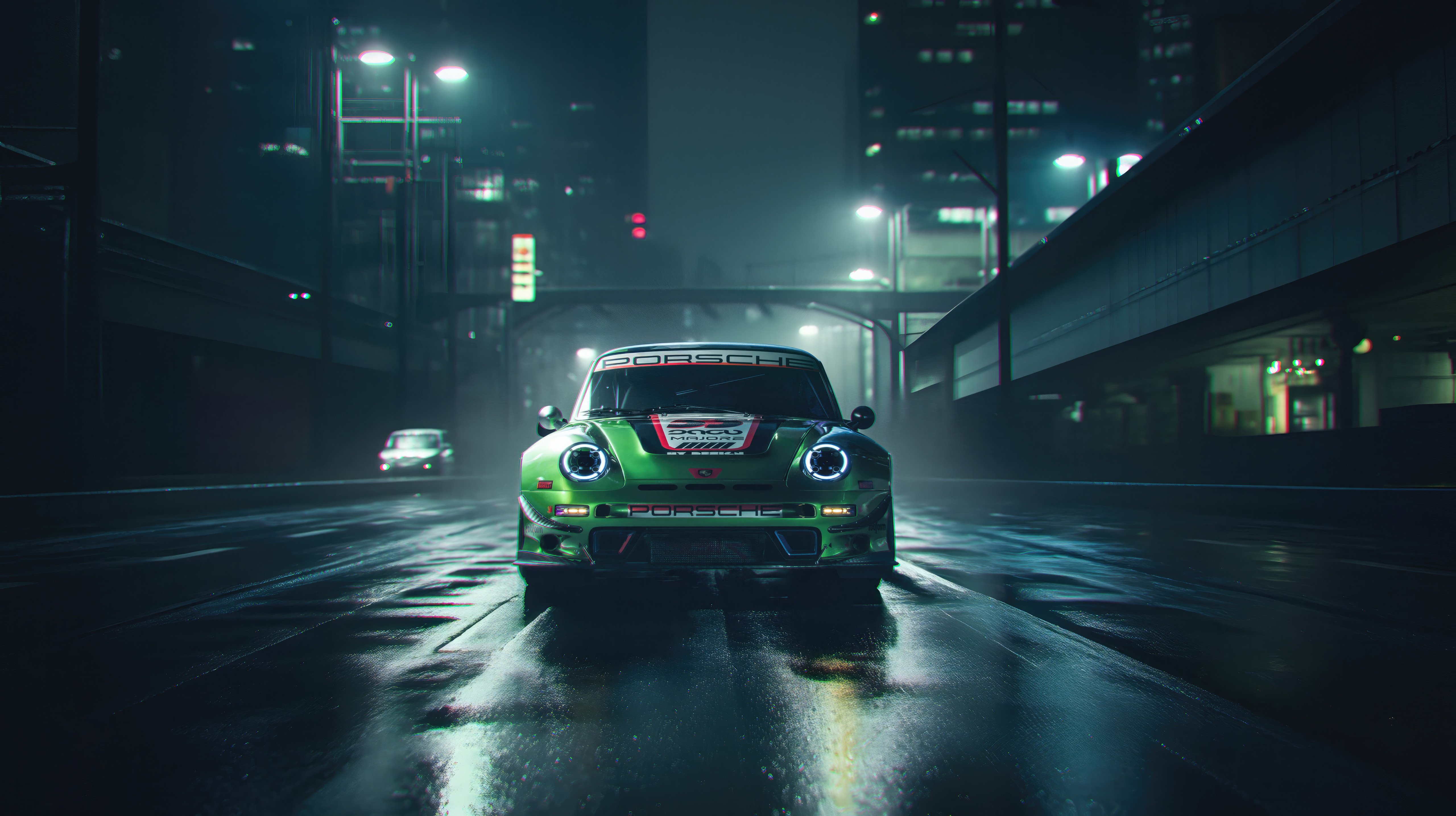 porsche neon drive cyberpunk green in glory 4k 1697749337