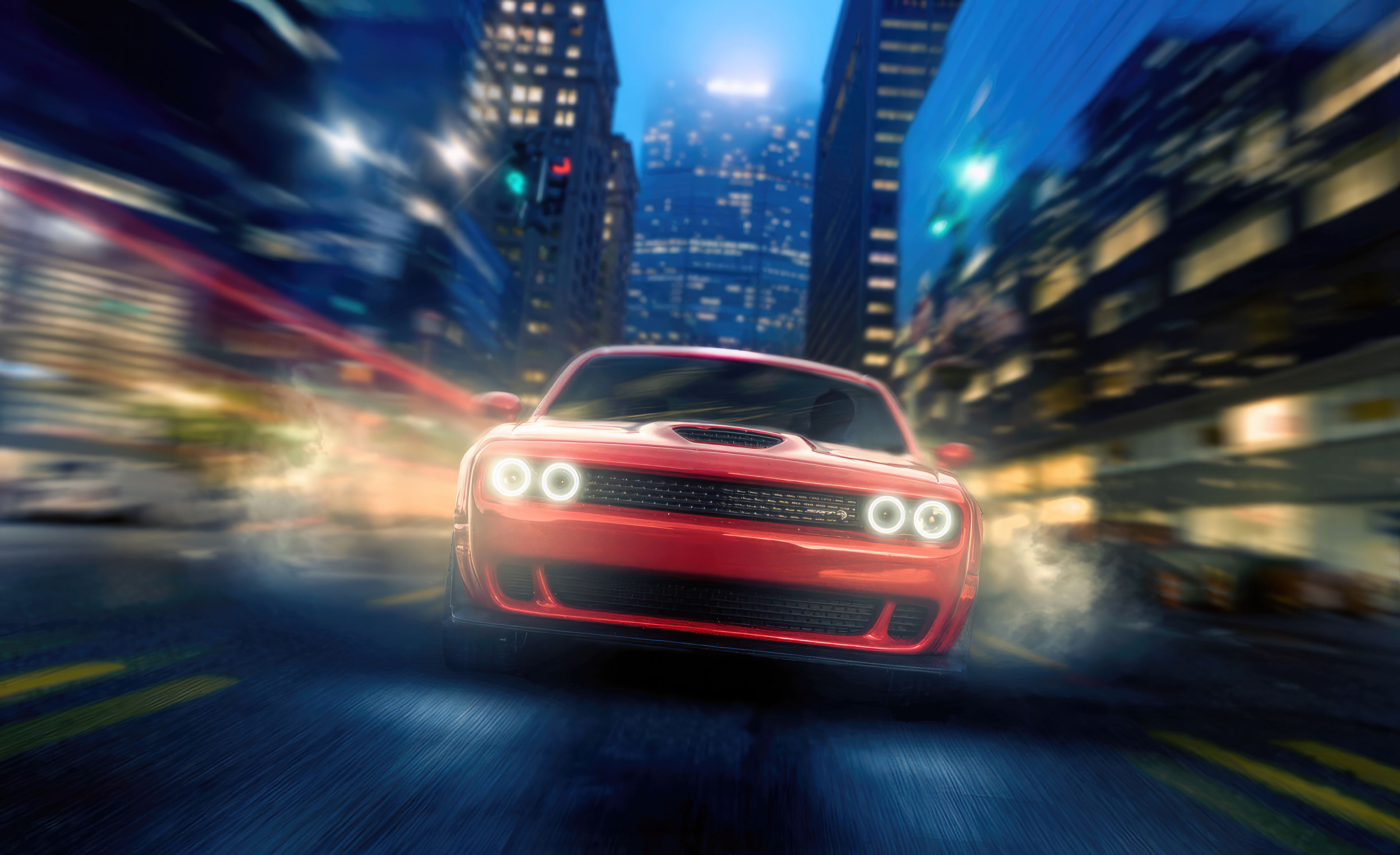 red dodge challenger roaming the city streets 4k 1698228641