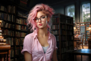 a pink haired girl with glasses in the library z6.jpg