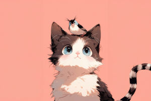 bird sitting on cat head minimal cute 5k sn.jpg