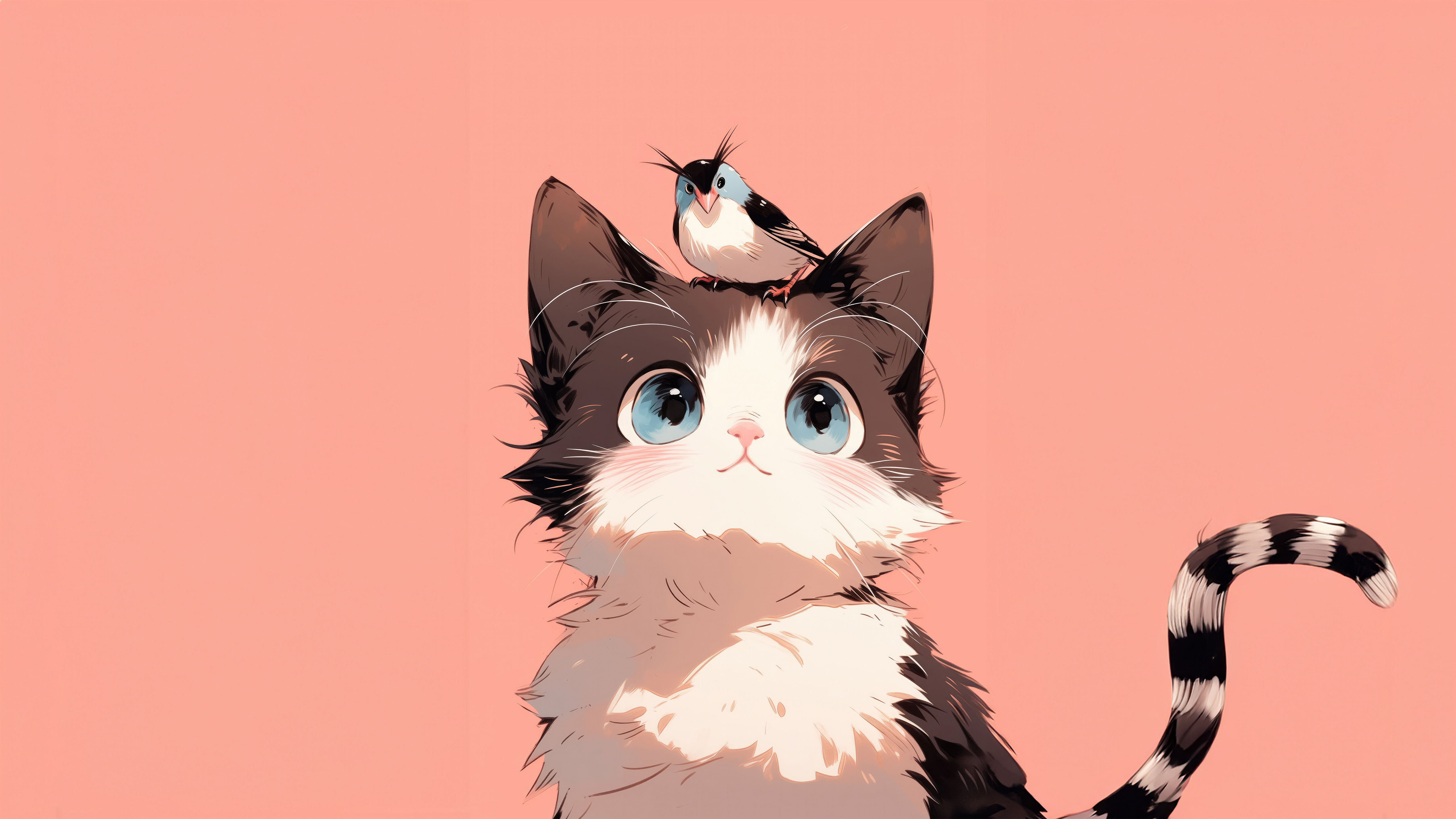 bird sitting on cat head minimal cute 5k sn.jpg