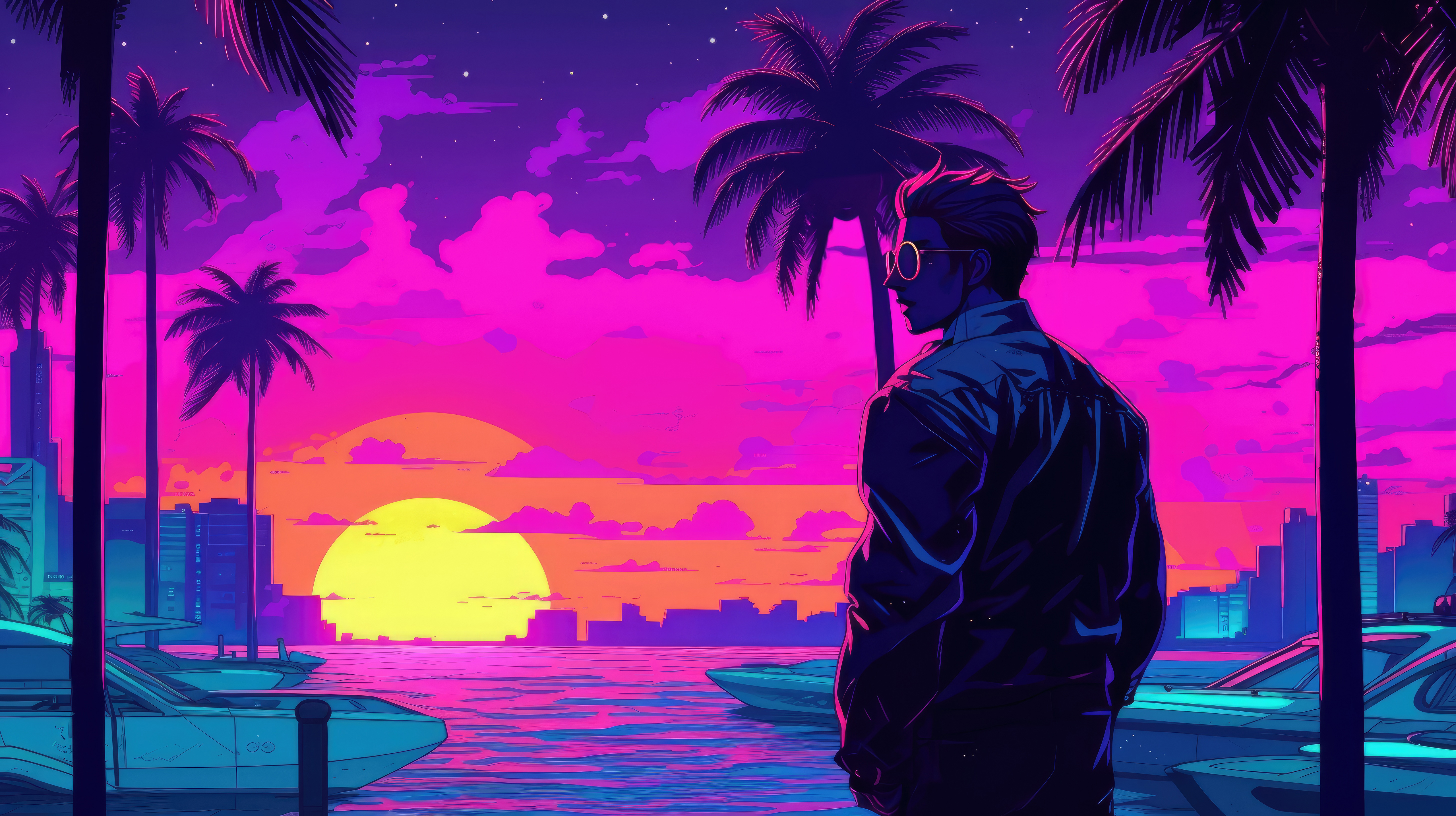 boy with sunglasses vaporwave sunset glow palm trees yacht relaxing bk.jpg