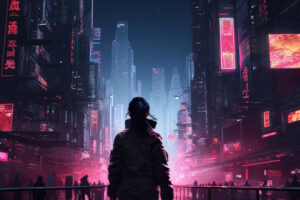 cyberpunk sci fi girl and the urban maze synthetic skylines 4v.jpg