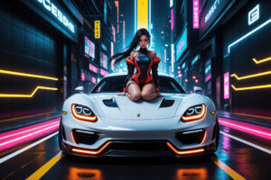 futuristic girl cyberpunk neon lights street sitting on porsche 4k op.jpg