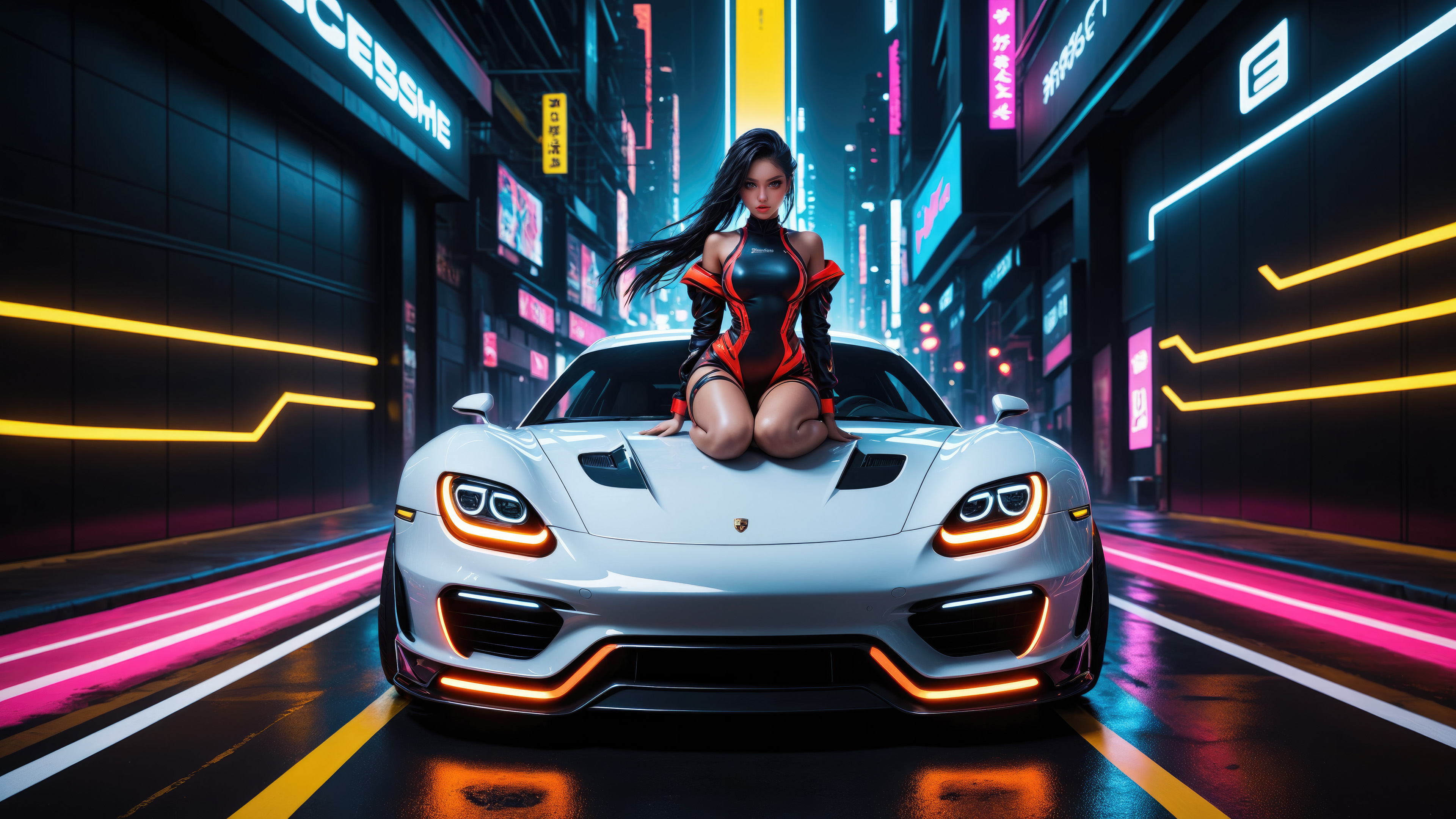 futuristic girl cyberpunk neon lights street sitting on porsche 4k op.jpg