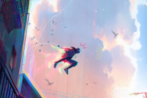 spiderman jumping through buildings comic art 4k rn.jpg