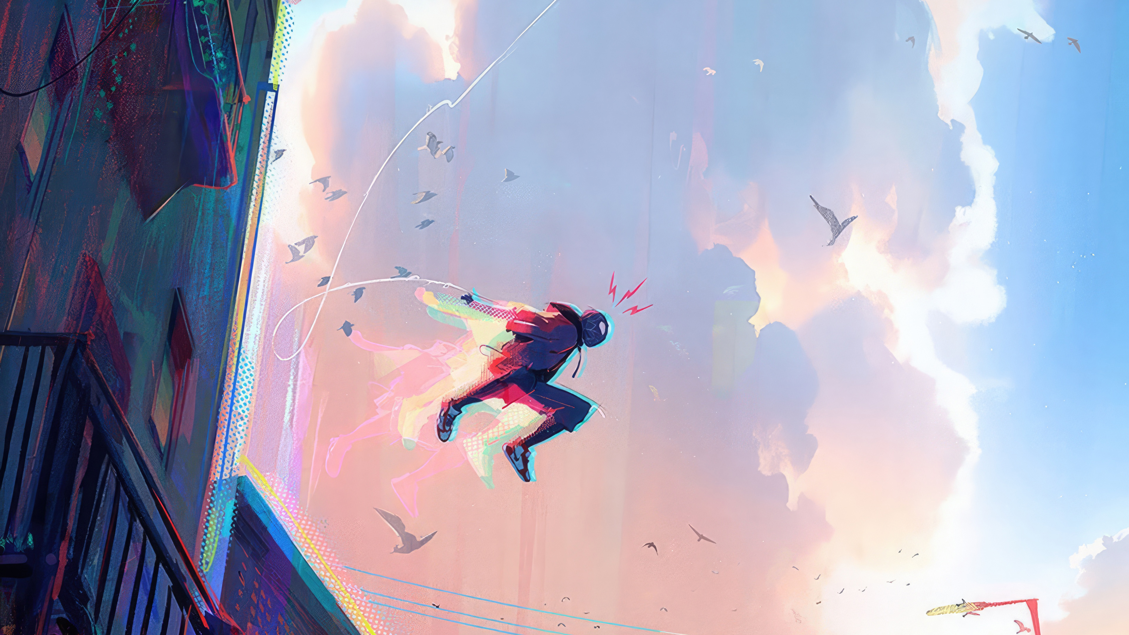 spiderman jumping through buildings comic art 4k rn.jpg