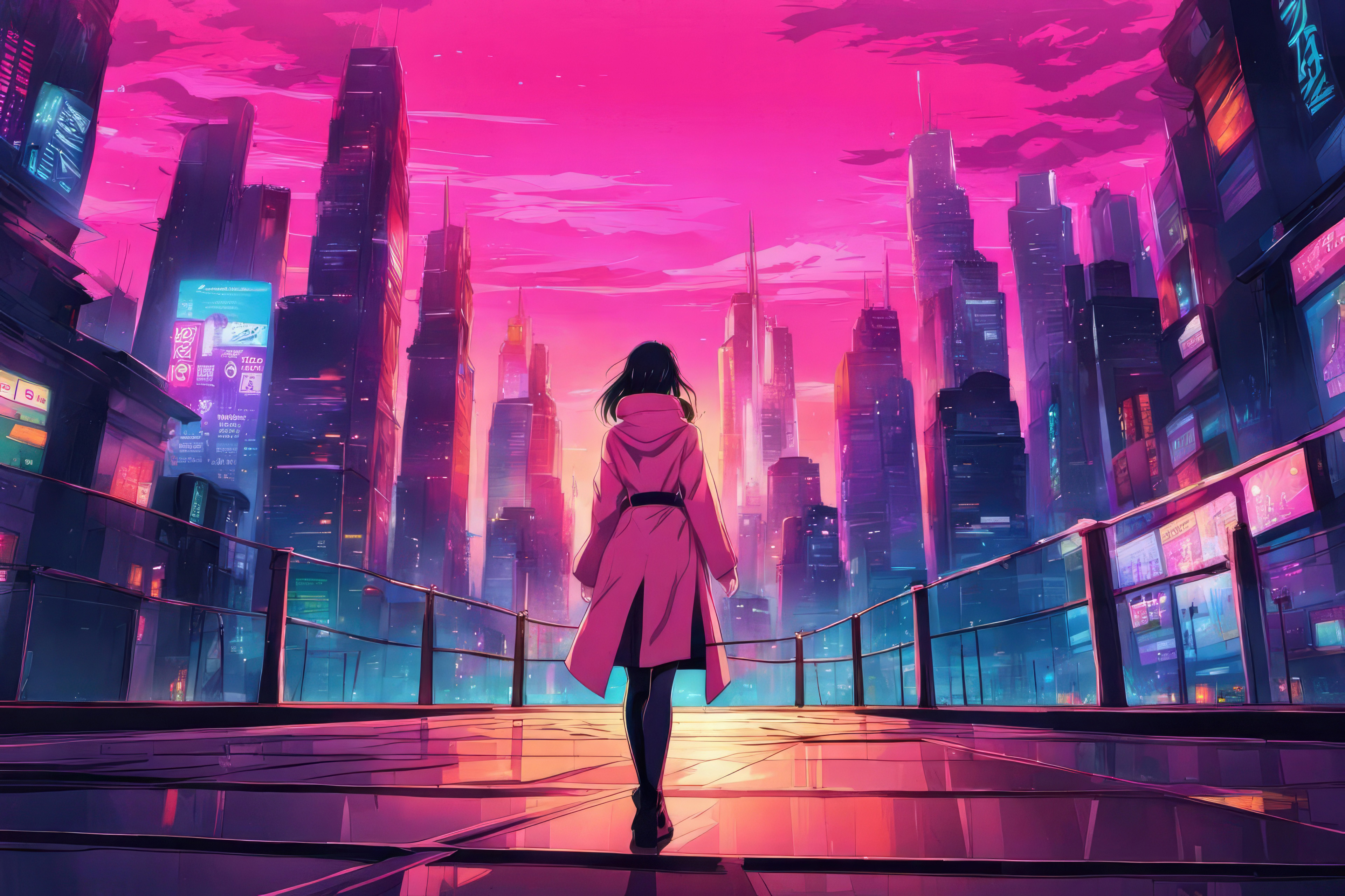 women in pink long coat standing in cyberpunk city 4k pr.jpg